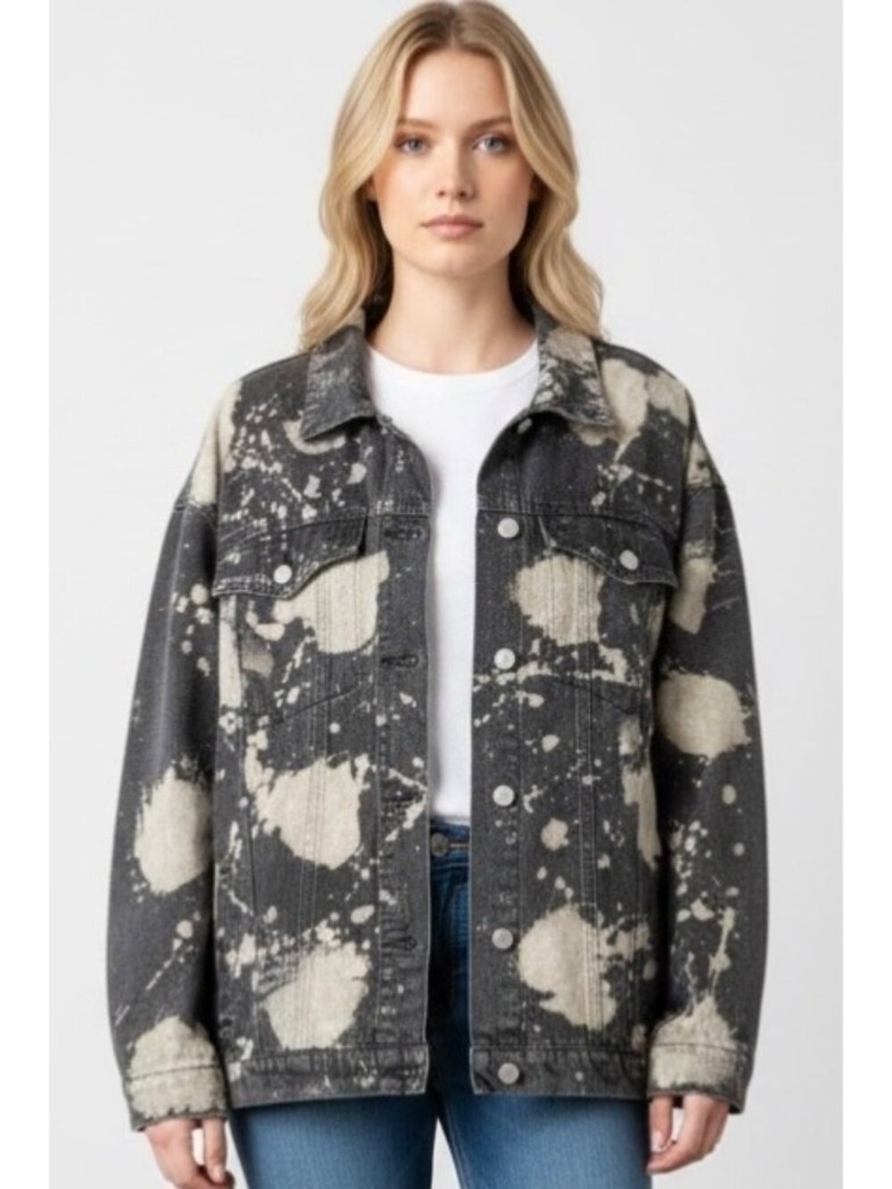 ALTAR'D STATE Gray + White Paint Splatter Oversized Women's Denim Jacket Medium